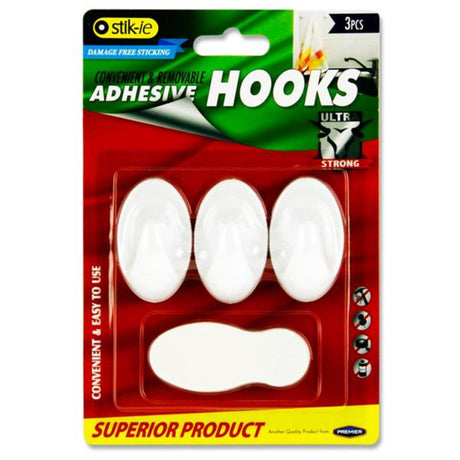 Stik-ie Removable Adhesive Plastic Hooks - 54X33mm - Pack of 3 | Stationery Shop UK