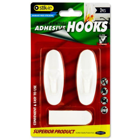 Stik-ie Removable Adhesive Plastic Hooks - 80mm x 29mm - White - Pack of 2 | Stationery Shop UK