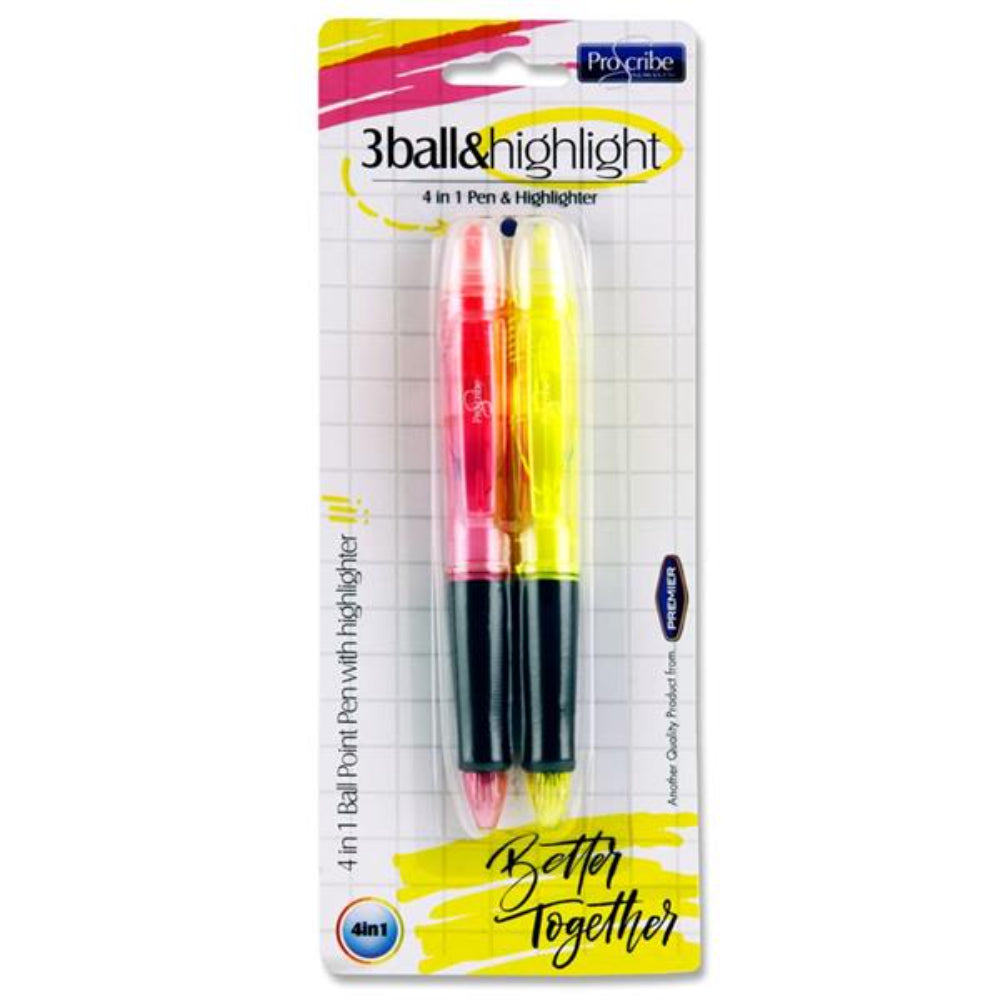 Pro:Scribe 4-in-1 Ballpoint & Highlighter Pens - Pack of 2