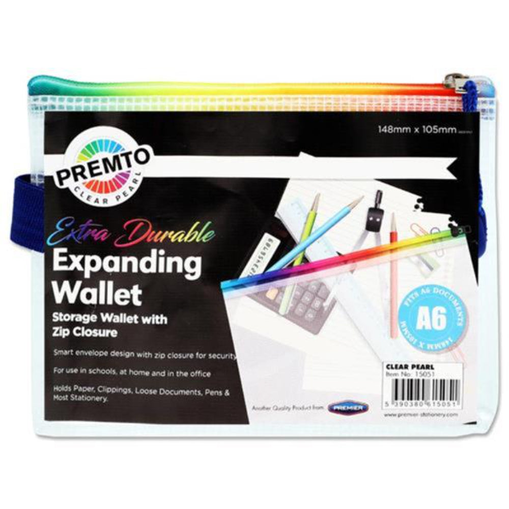 Premto A6 Extra Durable Expanding Wallet wih Rainbow Zip - Clear Pearl | Stationery Shop UK