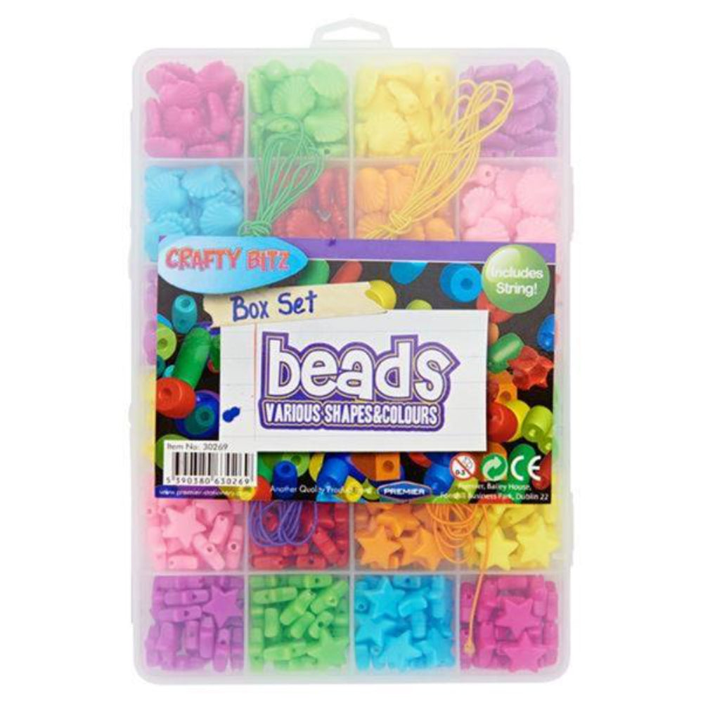 Crafty Bitz Set of Beads in Various Shapes & Colours with String - Box of 24 | Stationery Shop UK