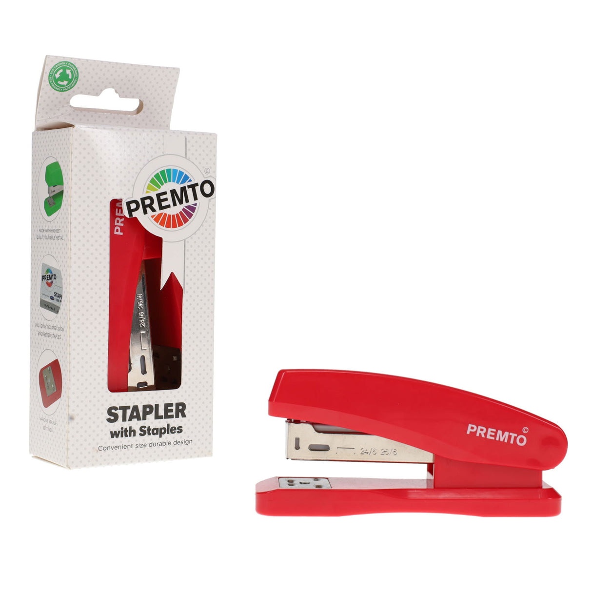 Premto Desk Top Stapler with 1000 Staples - 26/6 - Ketchup Red