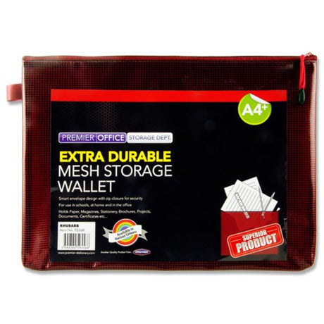 Premto A4+ Extra Durable Expanding Mesh Wallet with Zip - Rhubarb | Stationery Shop UK