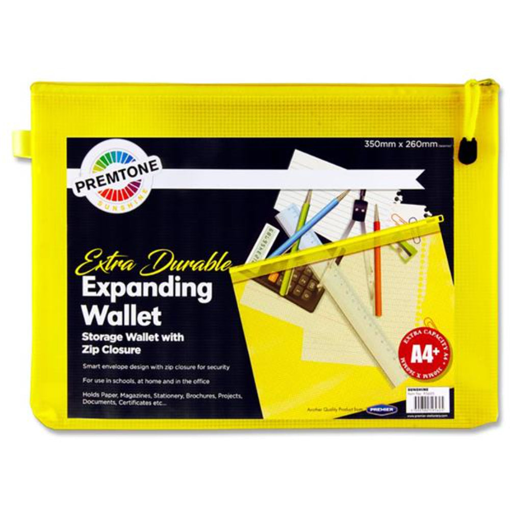 Premto A4+ Extra Durable Expanding Mesh Wallet with Zip - Sunshine Yellow-Mesh Wallet Bags-Premto|StationeryShop.co.uk