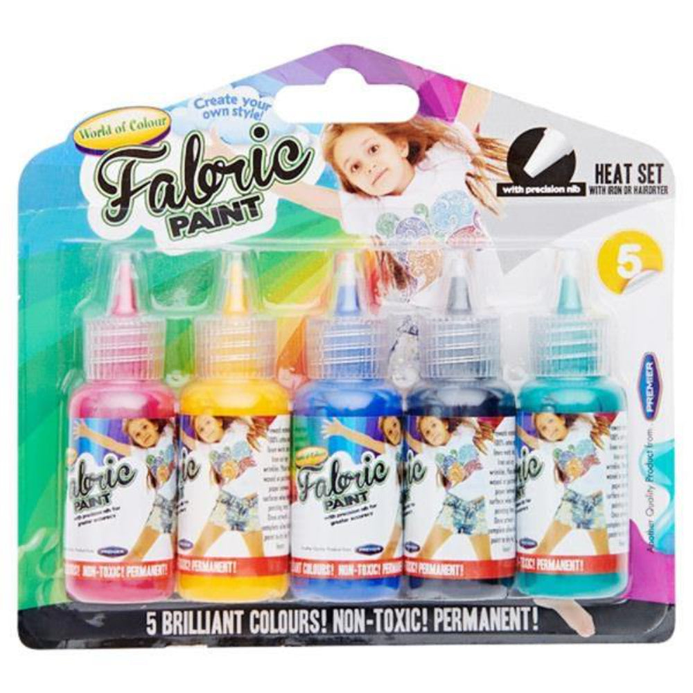World of Colour Brilliant Fabric Paints with Presicion Nib - Create Your Own Style - Pack of 5 | Stationery Shop UK